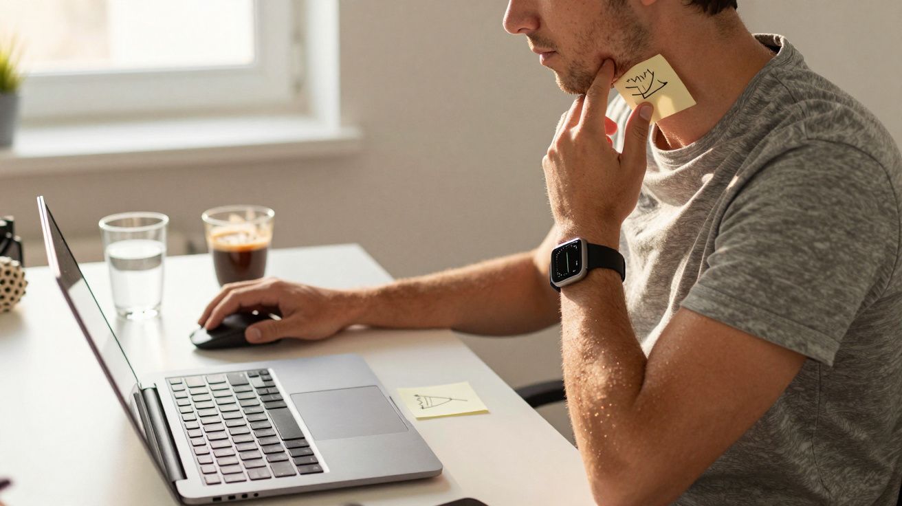 Homem sentado em frente a um laptop, com um post-it no rosto e outro no teclado, segurando um rato.