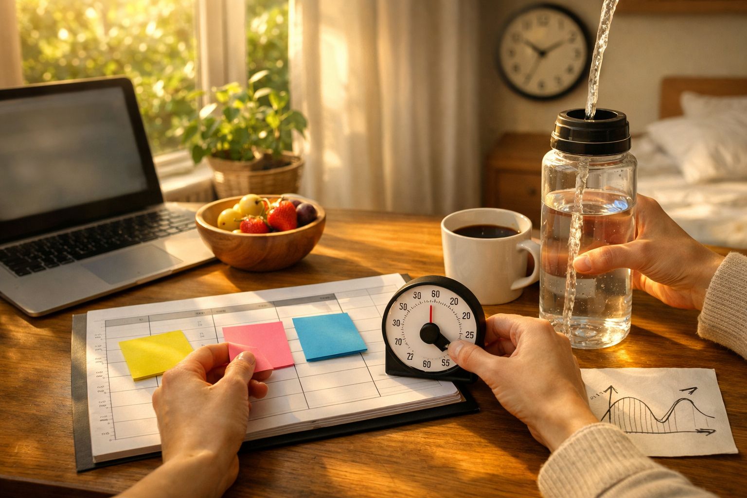 Mesa com computador portátil, blocos de notas coloridos, cronómetro, caneca de café e garrafa de água, com sol a brilhar.