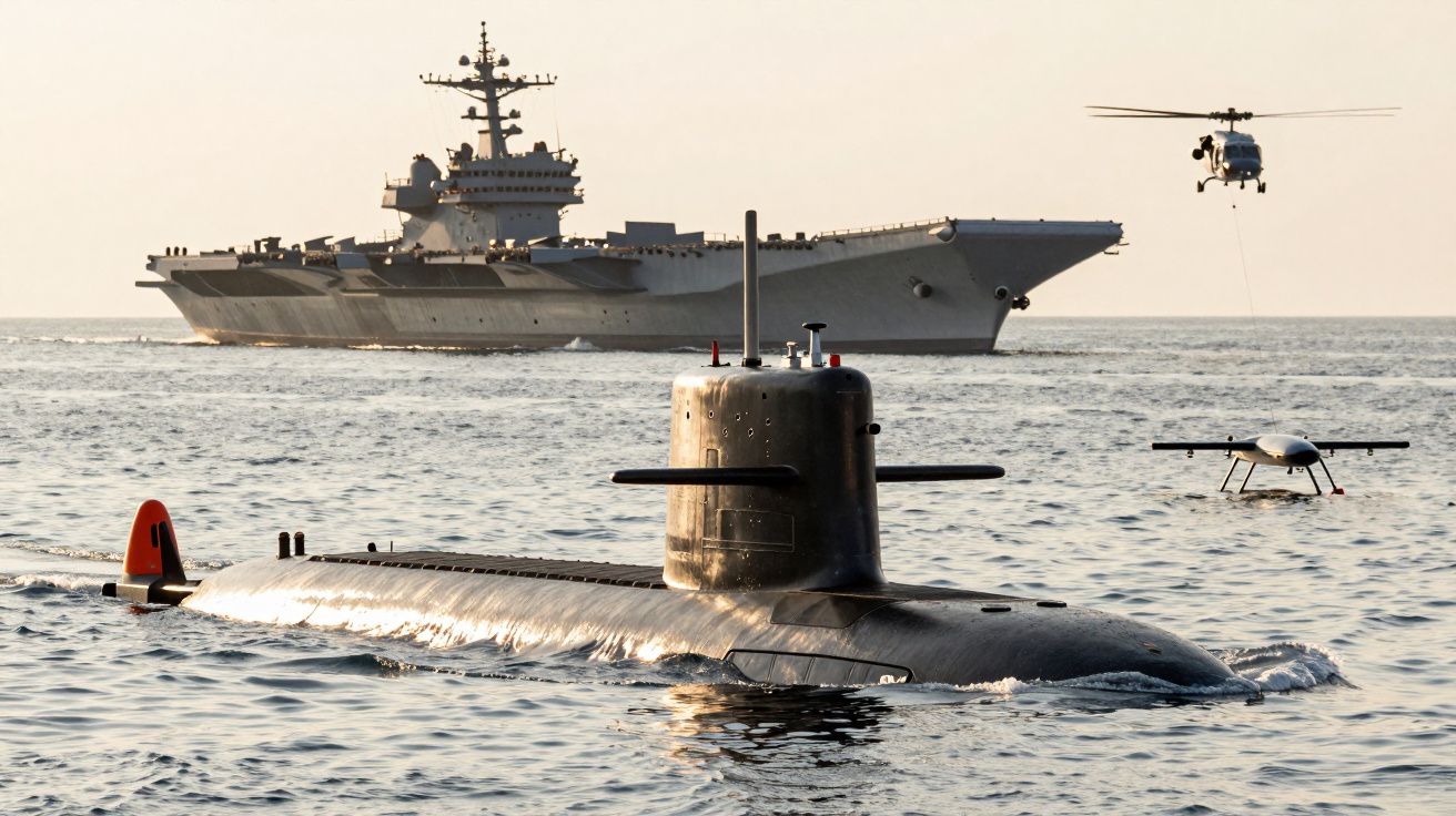 Submarino, porta-aviões, helicóptero e drone em operação no mar ao entardecer.