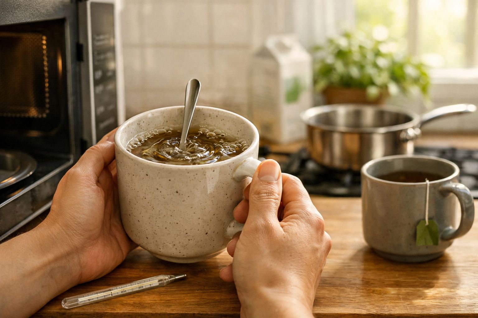 Mão mexendo água fervente numa caneca em cima do balcão, perto de um micro-ondas e um termómetro.