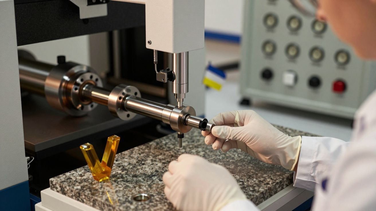 Pessoa com luvas brancas ajusta máquina de precisão em laboratório técnico.