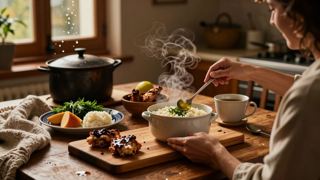Mulher servindo arroz em tigela, com pratos e chá na mesa de madeira numa cozinha acolhedora.