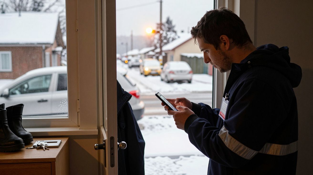 Homem ao telemóvel junto a porta aberta, com neve visível na rua e carros estacionados.