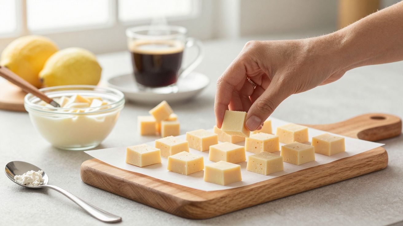 Mão pega um cubo de doce de limão num tabuleiro de madeira. Ao fundo, café, limões, e iogurte.