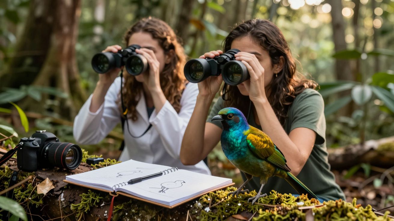 Duas pessoas observam aves na floresta com binóculos, enquanto uma ave colorida está em tronco com bloco de desenho.
