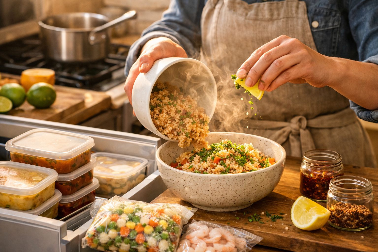 Mãos espremem limão sobre um prato de quinoa com frango desfiado e vegetais coloridos; molho ao lado.