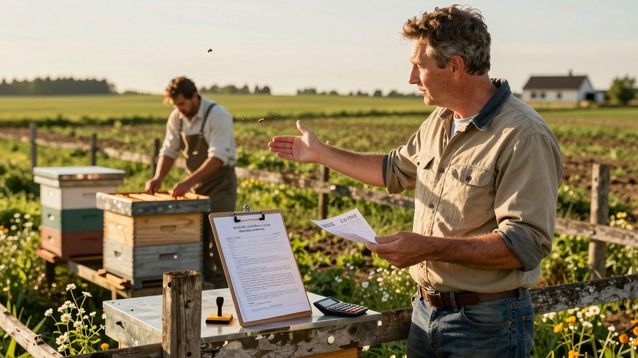 Apicultores inspecionam colmeias numa quinta, com papéis e calculadora sobre uma mesa ao ar livre.