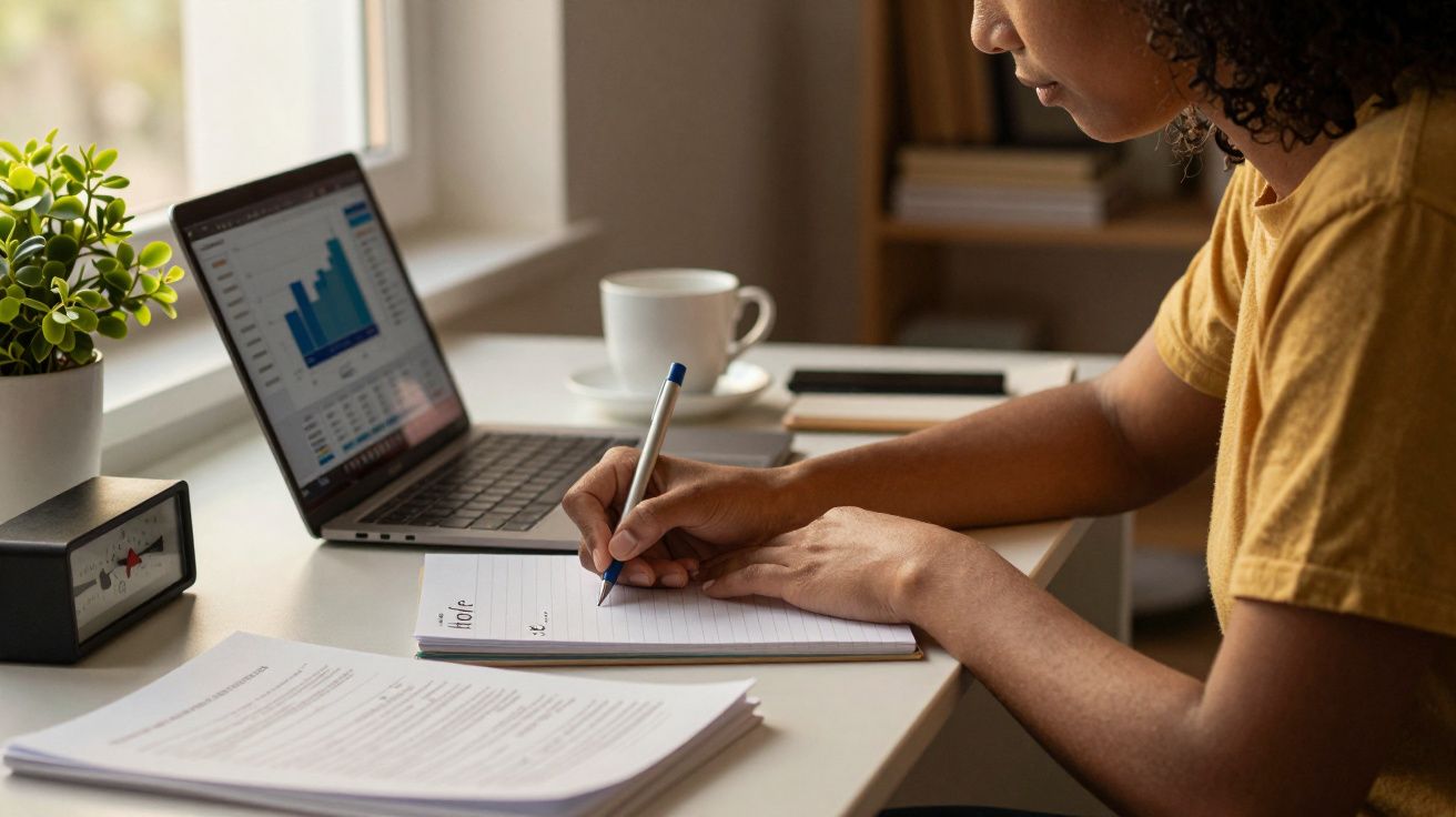 Pessoa escrevendo num caderno em frente a um portátil com gráficos, uma chávena de café e documentos numa secretária.