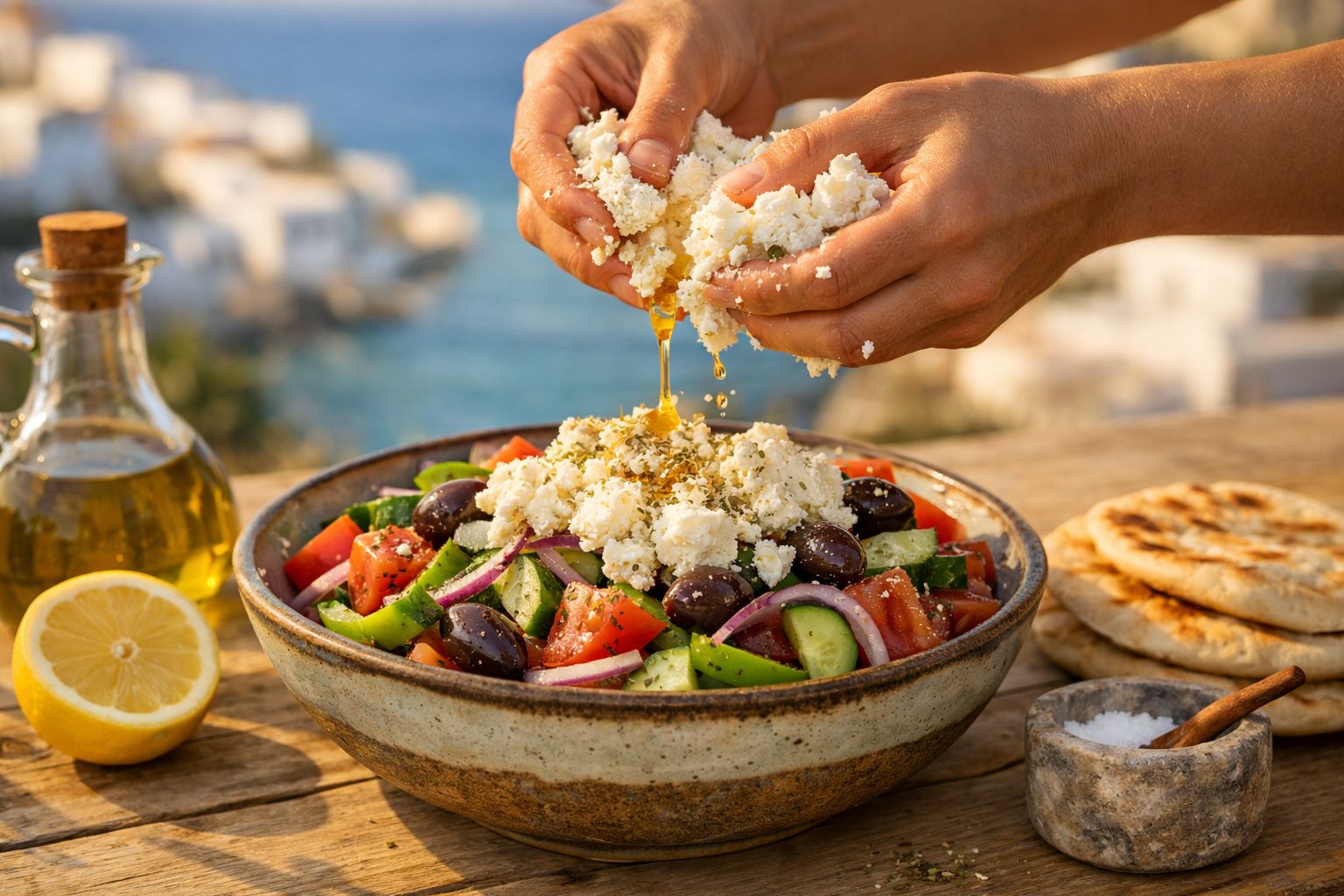 Salada grega com tomate, pepino, azeitonas e queijo feta, sendo preparada ao ar livre com azeite e pão ao lado.