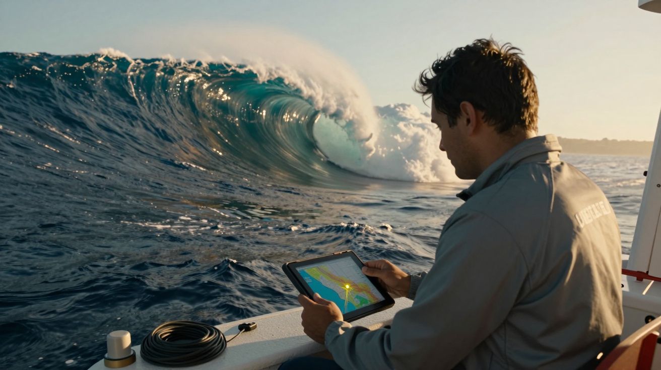 Homem num barco observa um tablet enquanto uma grande onda se aproxima ao fundo.