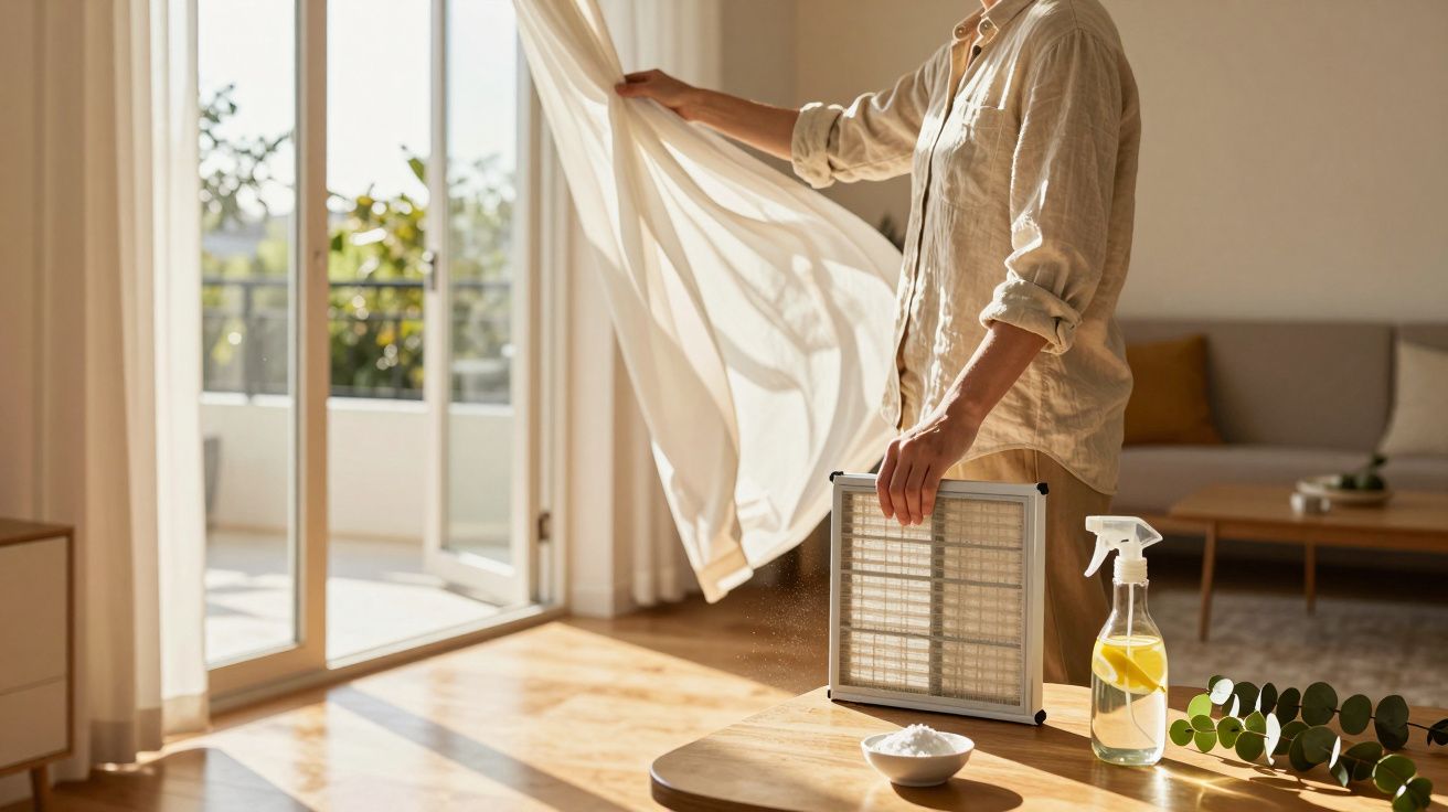 Pessoa abre cortina luminosa numa sala arejada com filtro, spray e eucalipto sobre a mesa.
