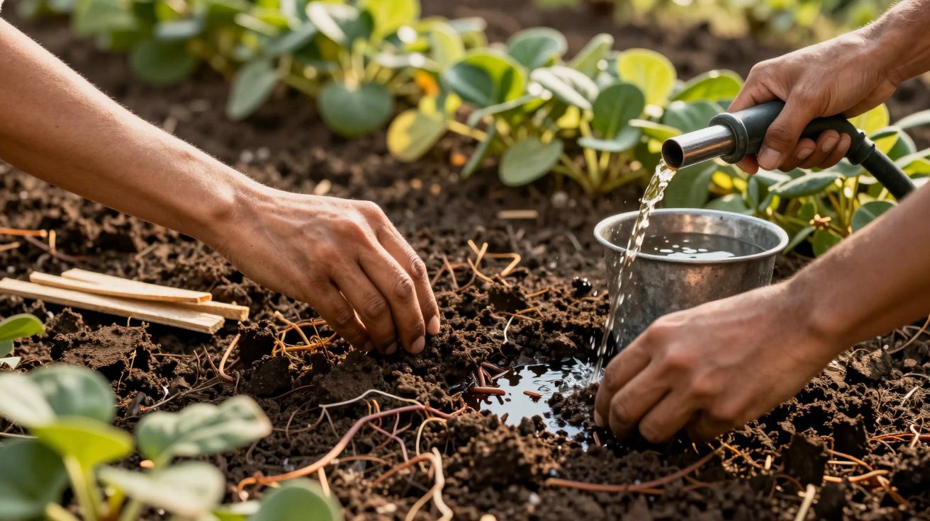 Pessoas regam e plantam em solo fértil, jovens plantas verdes ao fundo.