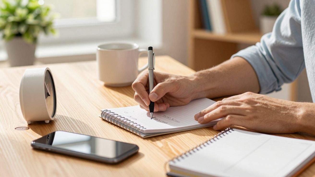 Pessoa escreve em caderno numa mesa com chávena, telefone e relógio.