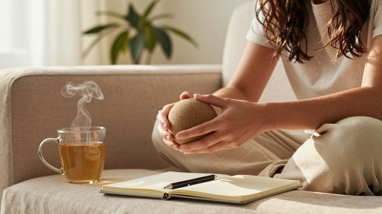 Pessoa sentada num sofá, segura uma bola, caderno aberto e chá fumegante na mesa ao lado, planta ao fundo.