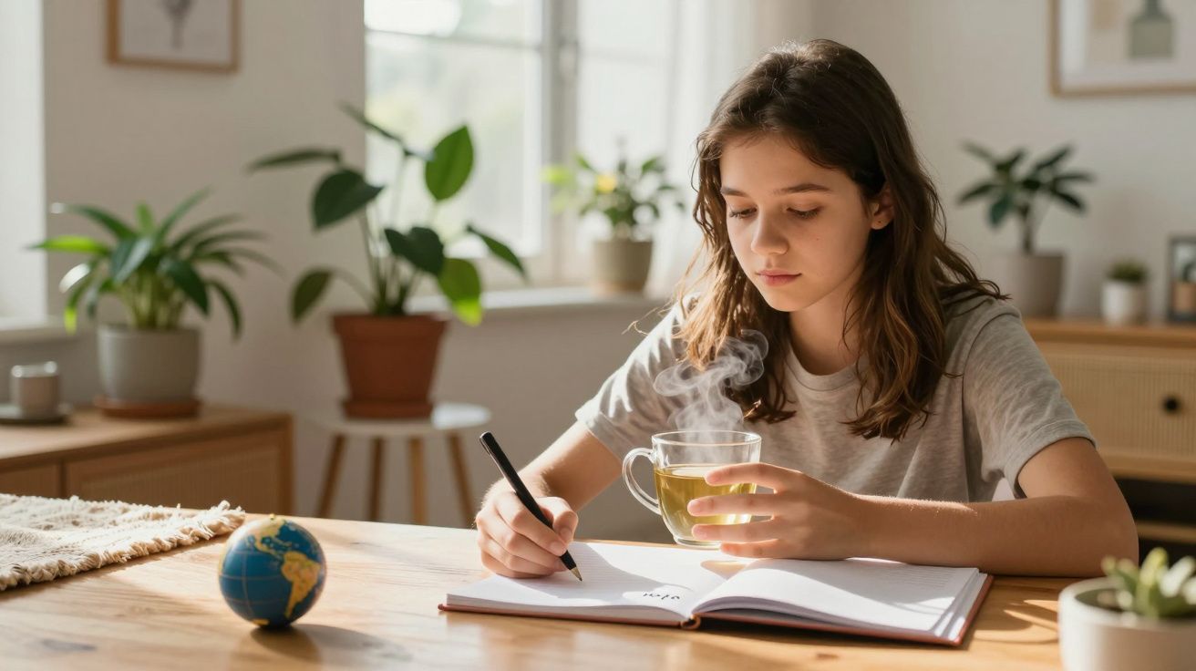 Jovem escrevendo num caderno com uma chávena de chá, plantas e um pequeno globo na mesa, em ambiente iluminado.