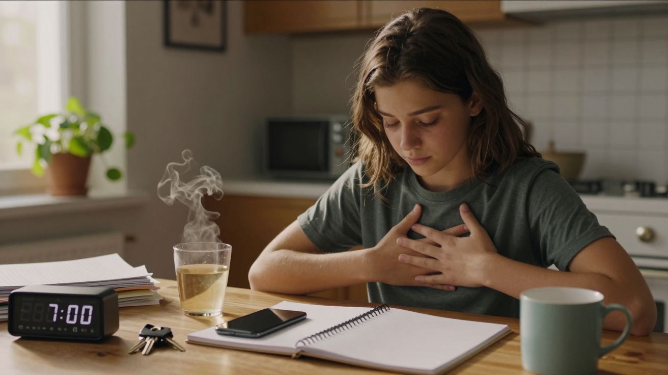 Rapaz sentado à mesa, mãos no peito, caderno e telemóvel à frente, chá e alarm clock a marcá-las 7:00.