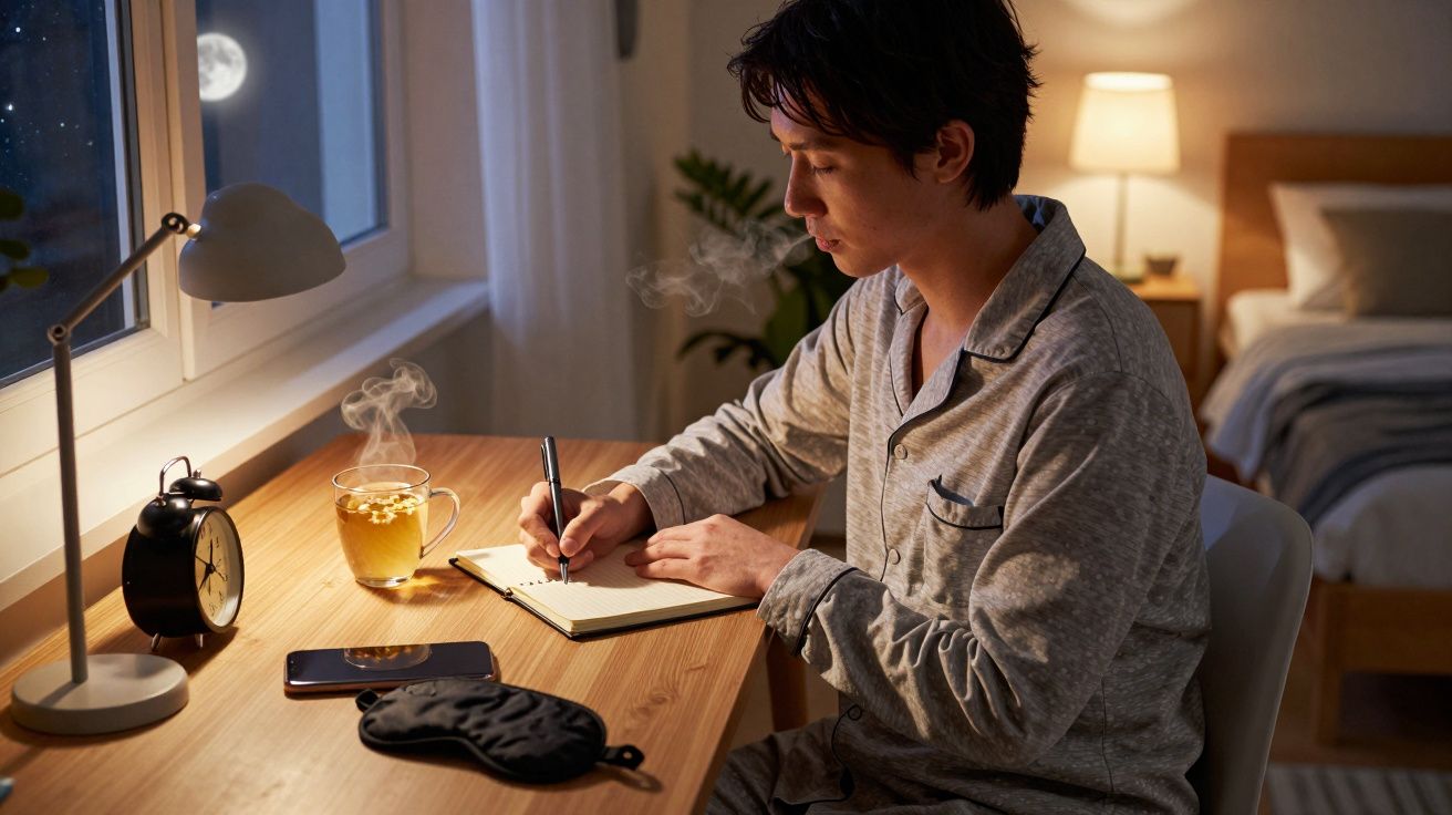 Homem de pijama escreve num caderno à mesa, com chá fumegante, abajur e janela mostrando a lua ao fundo.
