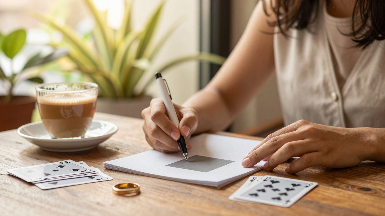 Mulher escrevendo num bloco de notas, baralho e café na mesa.