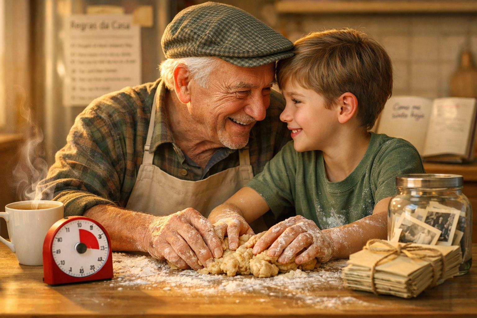 Avó e neto a cozinhar juntos na cozinha, felizes, com bolachas e farinha sobre a mesa.
