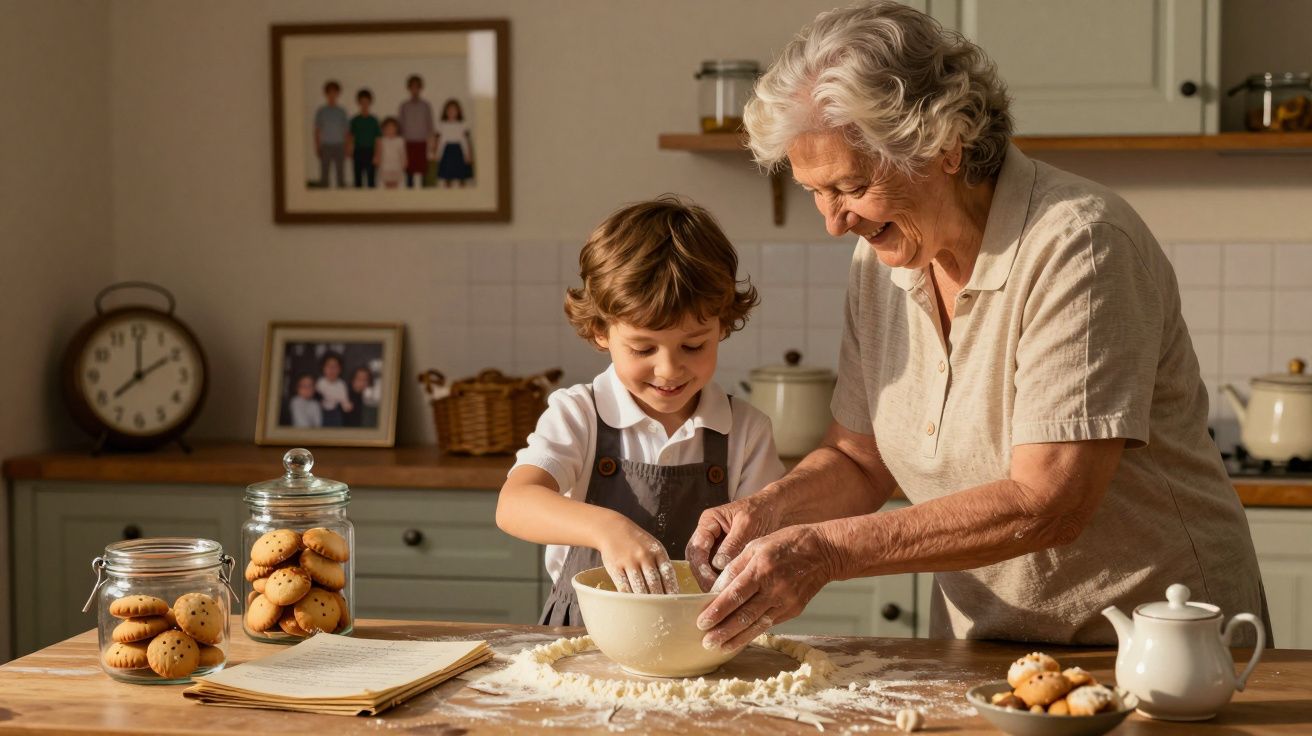 Avó e neto a preparar massa numa cozinha, sorrindo, rodeados de frascos de biscoitos e utensílios de cozinha.