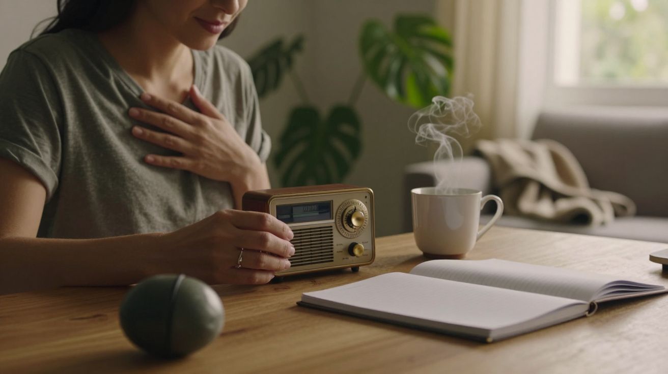 Mulher ajusta rádio portátil numa mesa com chávena a fumegar, caderno aberto e planta ao fundo.