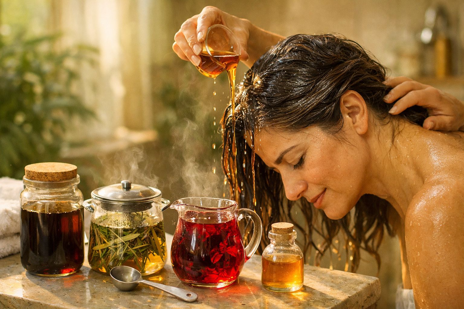 Mulher lavando o cabelo com líquido dourado, cercada por óleos essenciais e ervas em bowls sobre uma mesa de madeira.