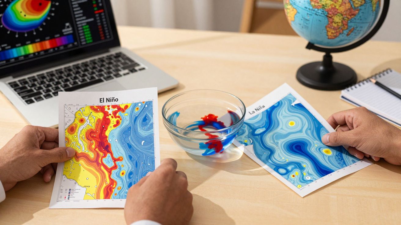 Mãos seguram mapas de El Niño e La Niña sobre uma mesa, com computador, globo e bloco de notas ao fundo.