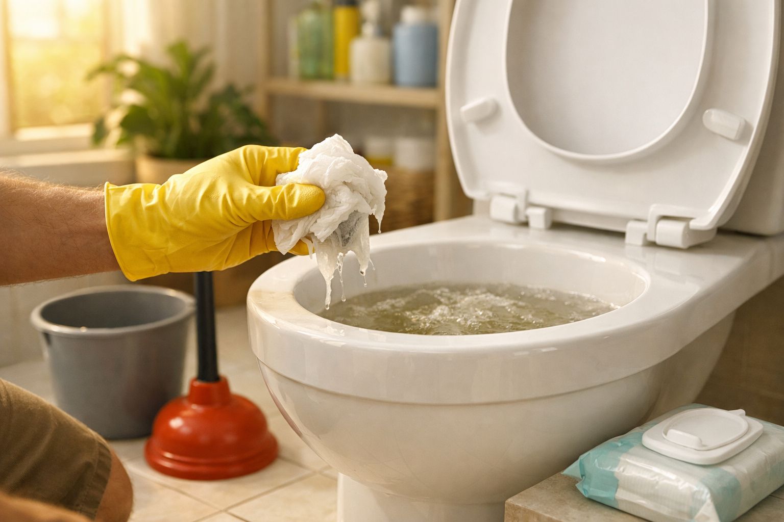 Mãos seguram-se sobre sanita entupida com papel, água a girar. Sanita ao lado de piaçaba, rolo de papel e janela.