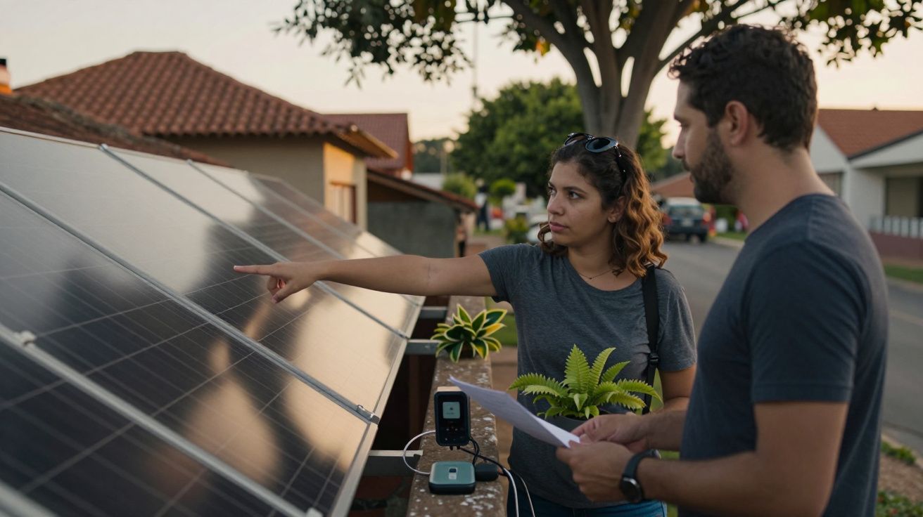 Mulher aponta para painéis solares enquanto conversa com um homem ao lado de uma casa.