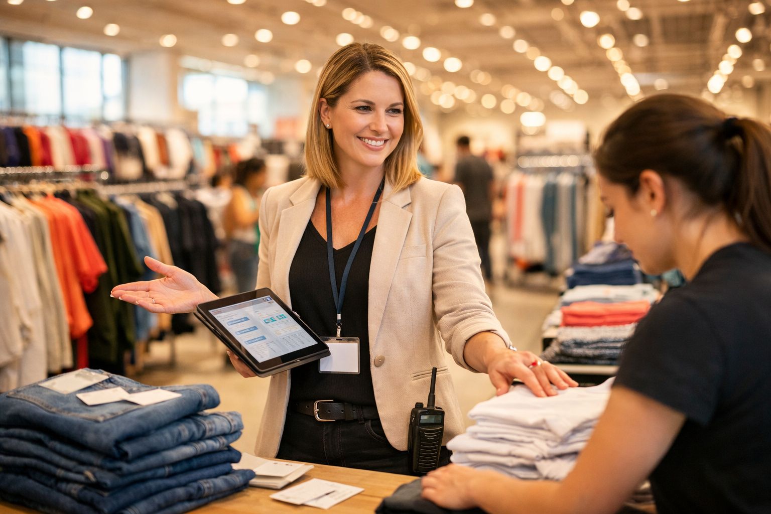 Mulher com tablet conversa com cliente numa loja de roupa bem iluminada.