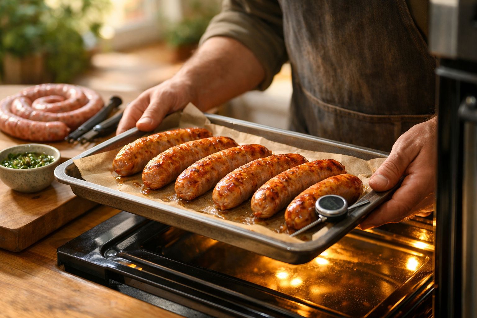 Homem a retirar tabuleiro com salsichas douradas do forno, preparada com termómetro e ervas em fundo de cozinha rústica.
