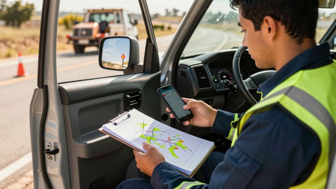 Homem em veículo consulta mapa em papel e telemóvel; camião de construção ao fundo na estrada.
