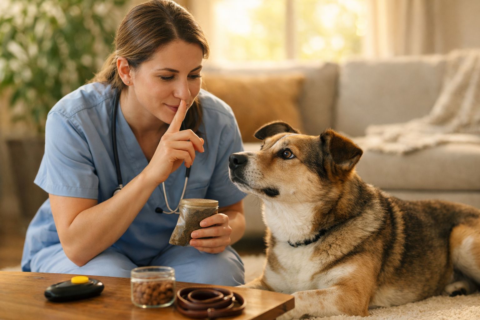 Veterinária acena para um cão sentado, segurando um frasco de guloseimas numa sala de estar aconchegante.