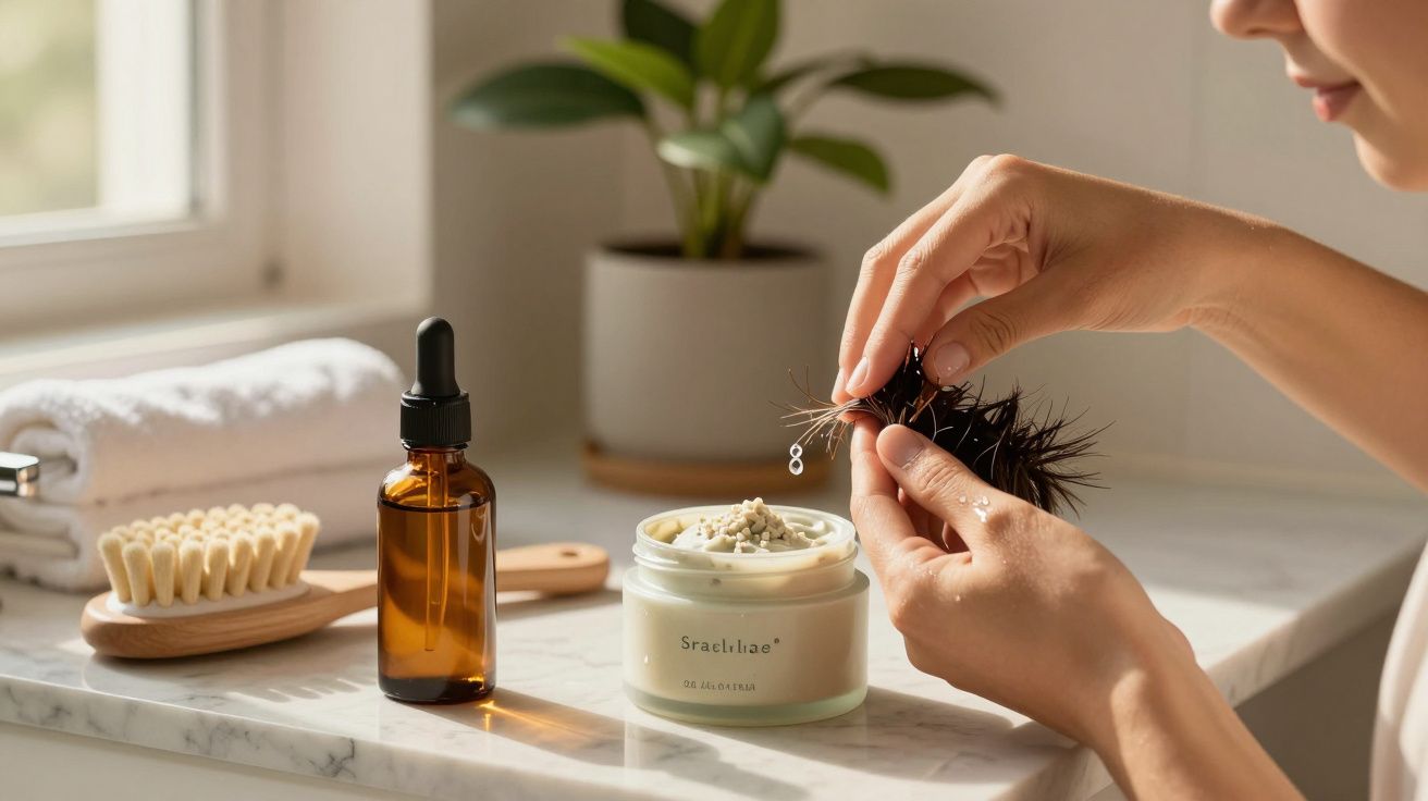 Mãos femininas aplicam gota de óleo em ouriço-do-mar sobre pote de creme, com frascos de vidro castanho por perto.