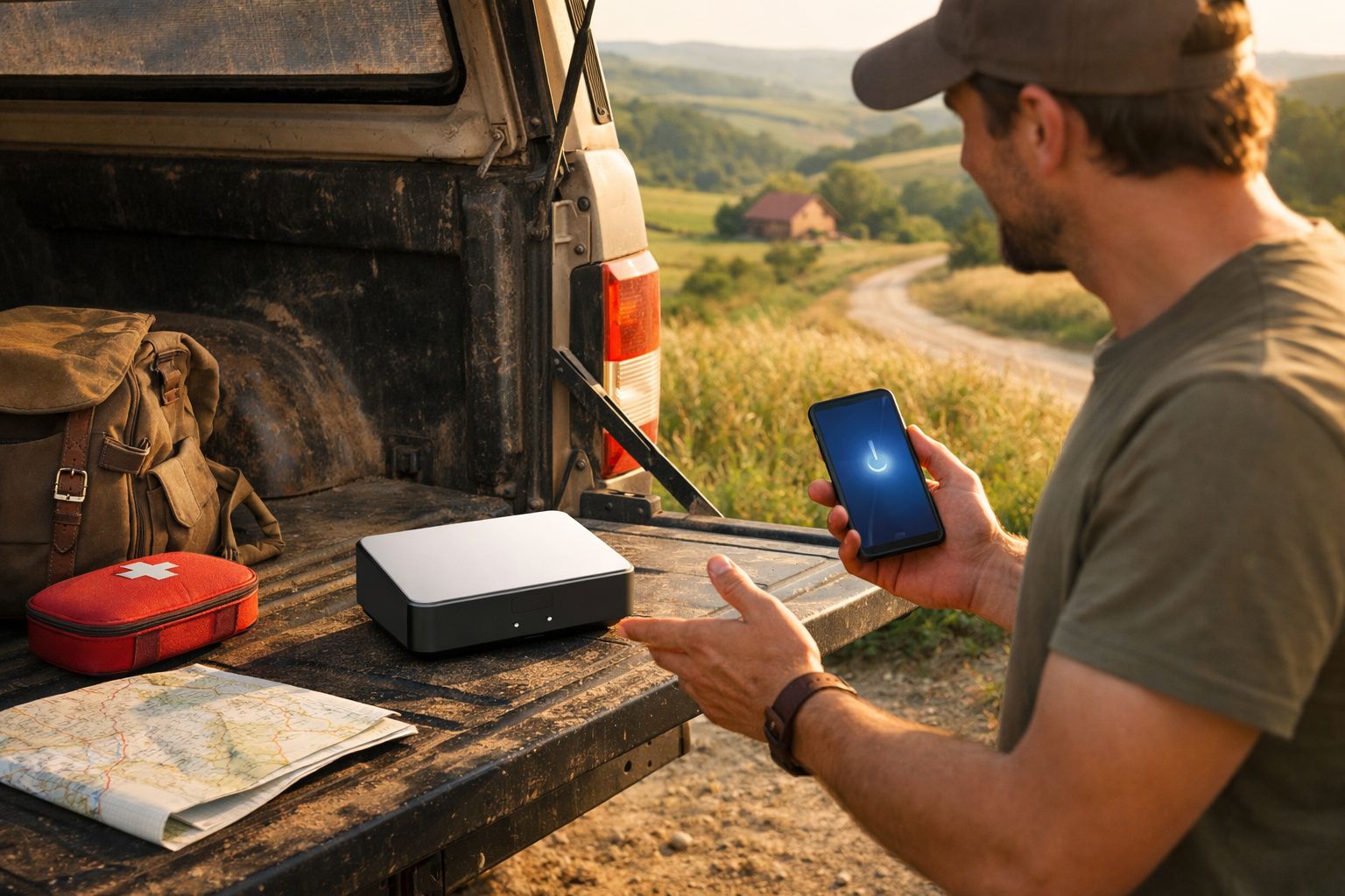 Homem com telemóvel junto a carro, com mochila, caixa, mapa e kit de primeiros socorros no porta-bagagens.