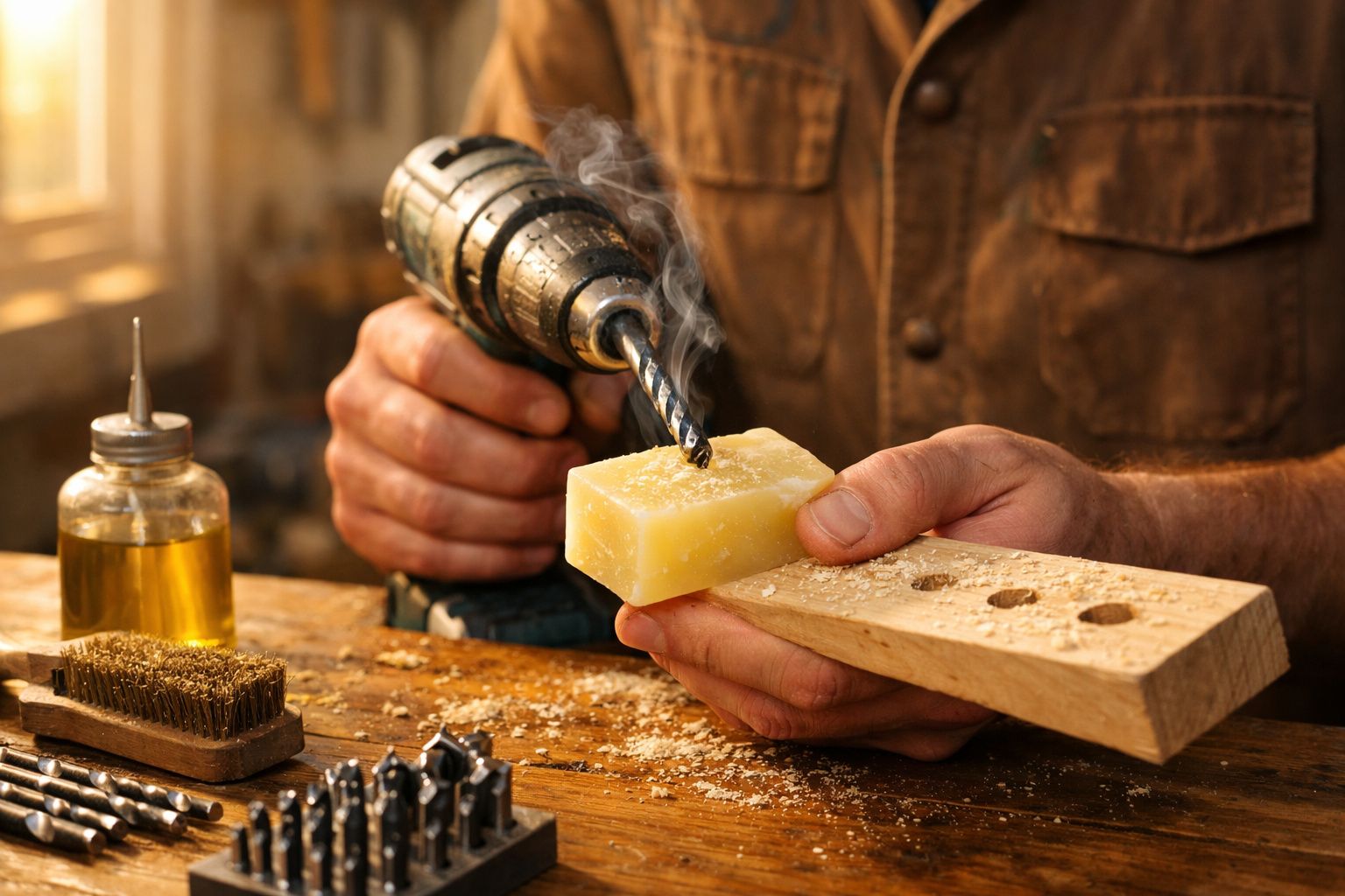 Homem a aplicar cera na broca de um berbequim com madeira perfurada, óleos e pincéis sobre a mesa de trabalho.