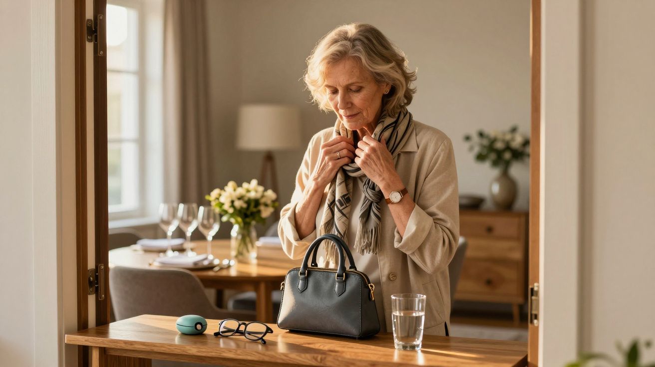 Mulher sénior em sala de jantar, colocando lenço ao pescoço. Mesa com carteira, óculos, copo e estojo verde.