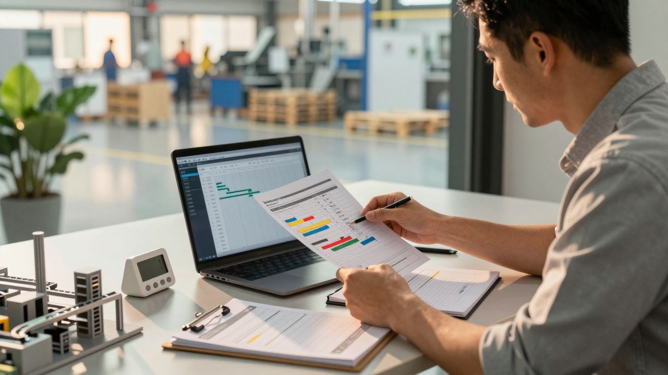 Homem analisa gráfico de Gantt em laptop e papel numa fábrica moderna, rodeado por plantas e objetos de escritório.