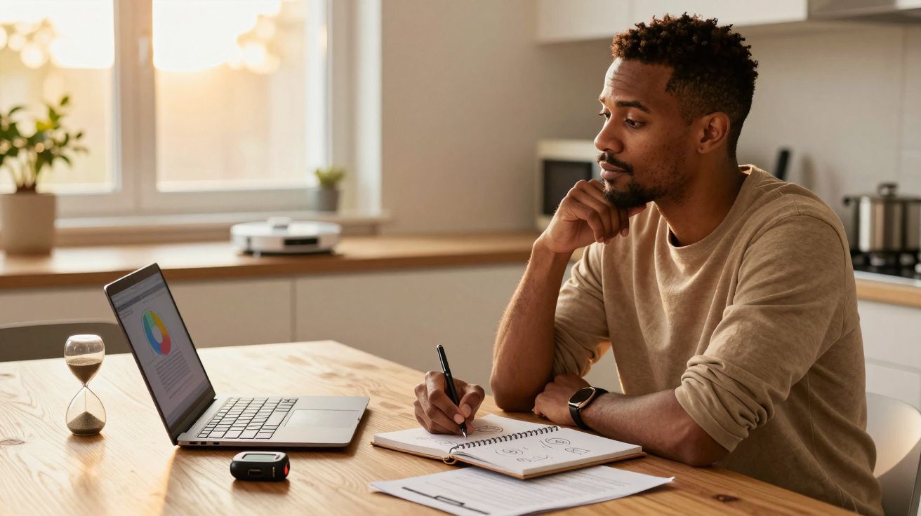 Homem a trabalhar em casa, sentado à mesa com portátil e caderno, concentrado em trabalho. Ambiente luminoso e casual.