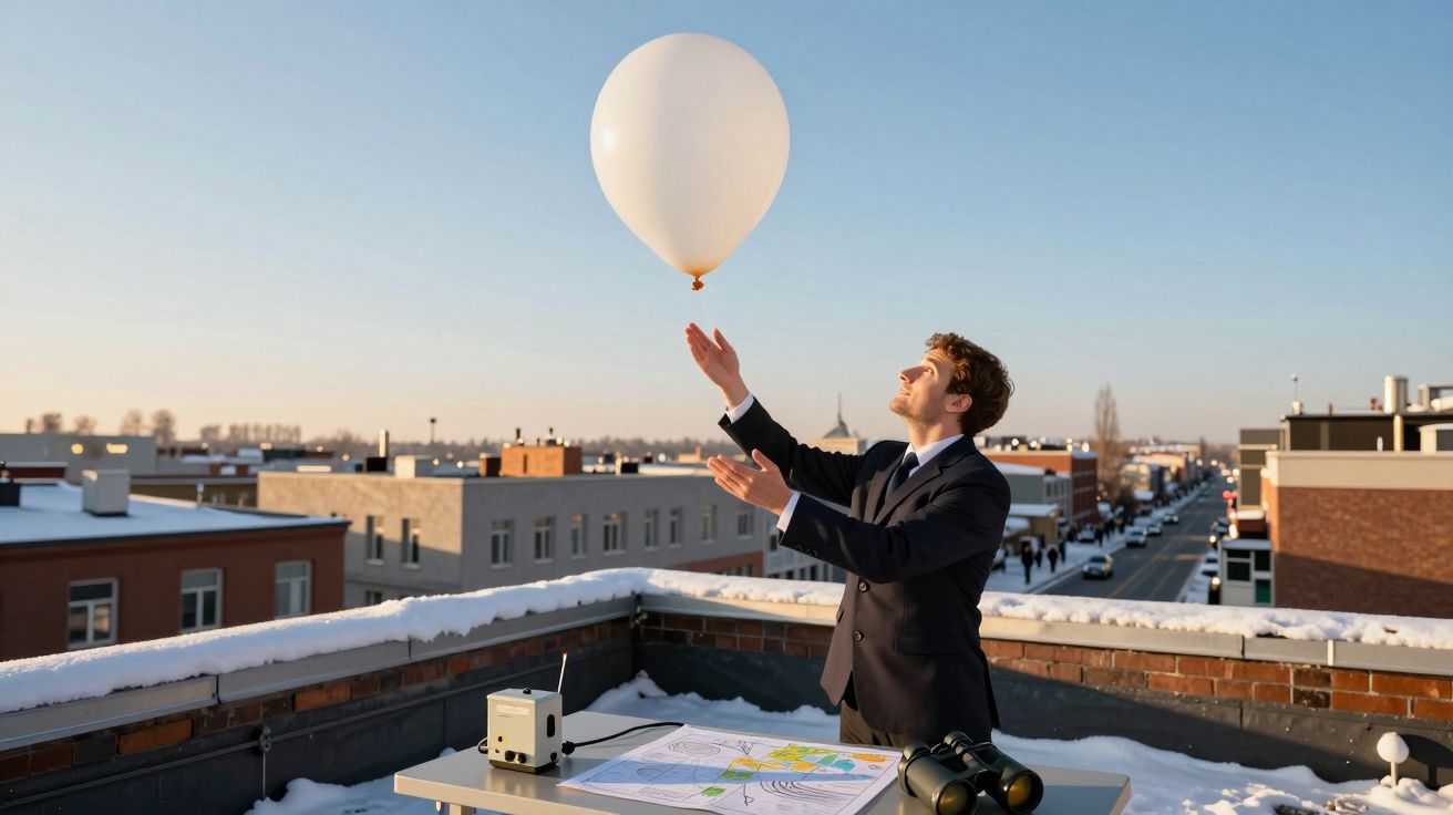 Homem de fato lança um balão branco no ar num telhado com neve, ao lado de uma mesa com mapas e binóculos.