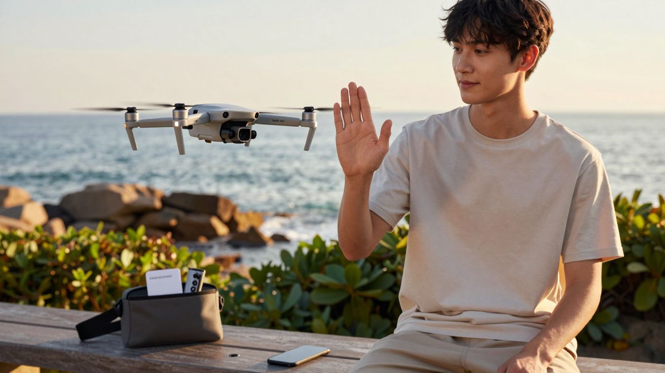 Homem sentado à beira-mar, controlando um drone com a mão; vista de praia ao fundo.