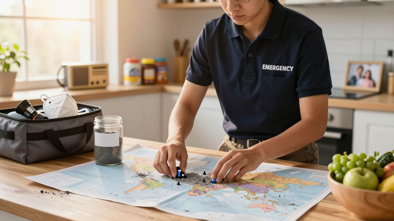 Pessoa em camisa azul analisa mapa na cozinha, com kit de emergência e frasco ao lado.