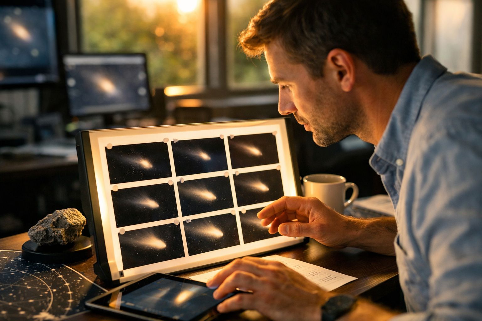 Duas pessoas observam imagem de galáxia espiral num monitor, com telescópio e anotações em mesa de escritório.