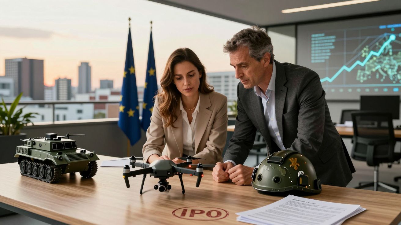 Homem e mulher analisam drone em mesa de conferência, com gráficos e bandeiras da UE ao fundo.